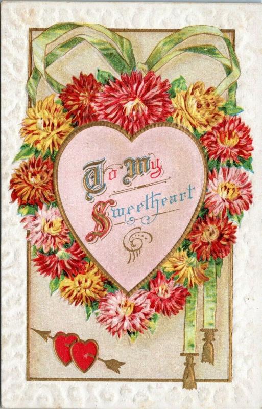 postcard To My Sweetheart - heart and flowers - embossed 1911 - Salke