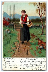 1901 Lady Holding Wood Basket Walking Scene Molde Norway Cape May NJ Postcard