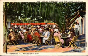 Florida St Petersburg Open Air Bridge Play Under Banyan and Palm Trees 1937 C...