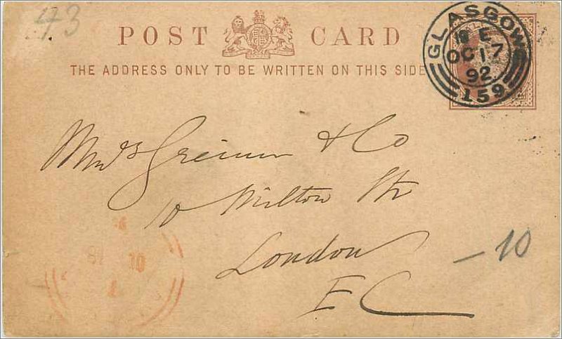 Entier Postal Stationery 1 / 2p Glasgow for London 1892