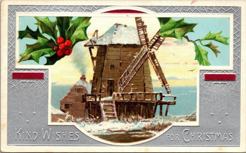 Kind Wishes for Christmas Xmas  - Windmill - Vintage - Postcard 