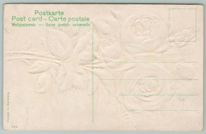 Flowers Greetings~Thorny Pink and White Roses~c1910 Embossed Postcard