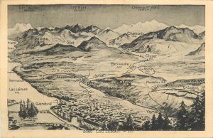 Switzerland Leman lake map postcard
