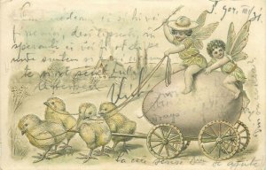 Emboss Easter seasonal greetings fays fantasy huge egg chicken cart 1904 Hungary 