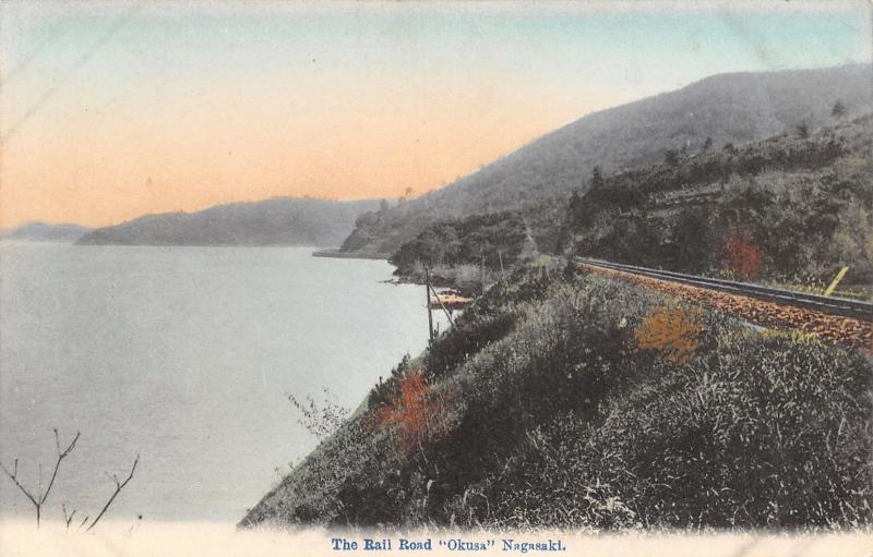 Nagasaki Japan~The Rail Road Okusa~Tracks Along Waterfront~Handcolored~1908 PC