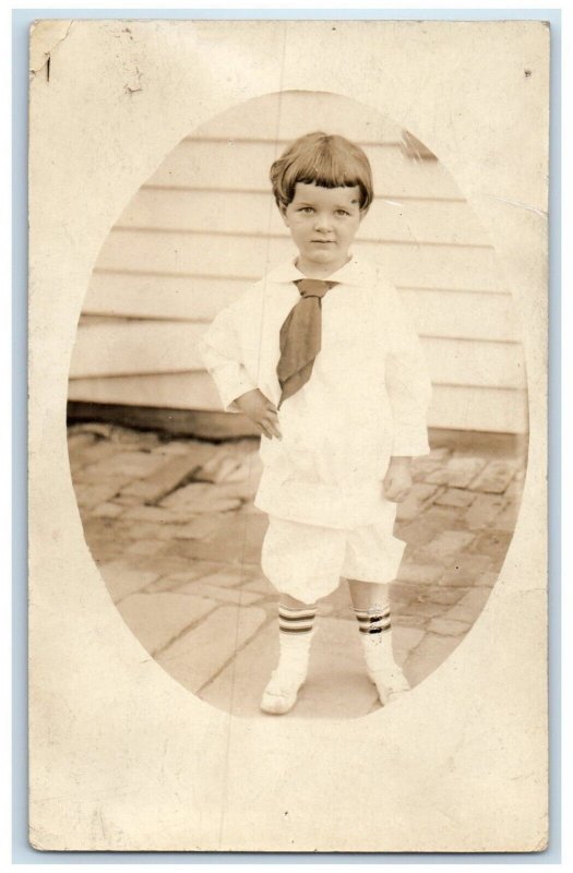 c1910's Cute Little Boy Wearing White Boots Tie Antique  RPPC Photo Postcard