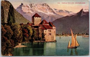 Veytaux Switzerland, 1911 Castle Chillon Mountain Lake, Vintage Postcard