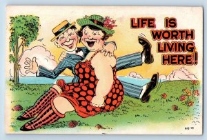 Fat Woman Postcard Life Is Worth Living Here Flowers c1930's Unposted Vintage