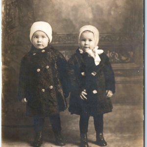 c1910s Cute Little Boy & Girl RPPC Winter Fashion Coat Real Photo Children A159