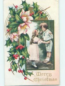 Pre-Linen christmas PRETTY GIRL TALKING TO BOY STANDING ON SWING HQ6721