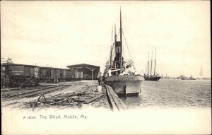 Mobile AL Ship Habil Stavanger at Wharf & Train Cars - c1905 Rotograph Postcard