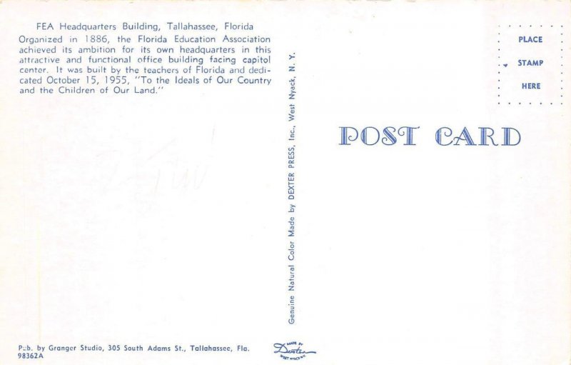 TALLAHASSEE, FL Florida FEA HEADQUARTERS BUILDING~Education Association Postcard