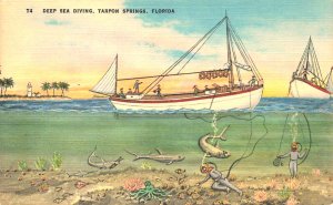 Tarpon Springs FL Deep Sea Divers Linen Postcard