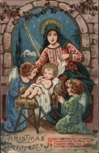 Christmas Angels Mary Baby Jesus Manger Gilt Inlay c1910 Postcard