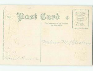 Pre-Linen easter BUNNY RABBITS BESIDE WICKER BASKET AND RAKE k2974