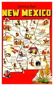 Postcard NM Map - New Mexico Pictoral map with state flower