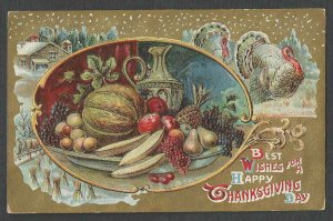 POST CARD THANKSGIVING GREETING W/TURKEY & FOOD EMBOSSED POSTED