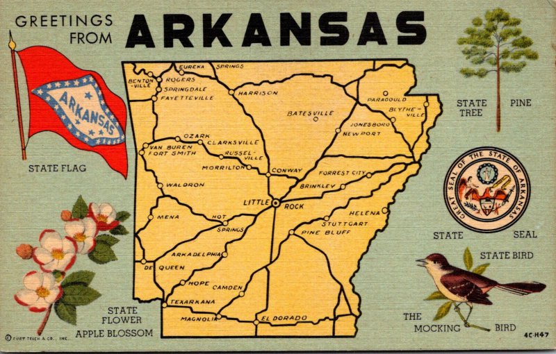 Arkansas Greetings With Map State Seal Flag Flower Tree and Bird Curteich