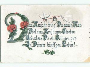 Pre-Linen new year foreign WHITE DOVE BIRDS ABOVE GERMAN MESSAGE k5133