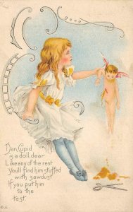 Dan Cupid is a doll Valentine's Day Edwardian Girl 1914 Odd Vintage Postcard