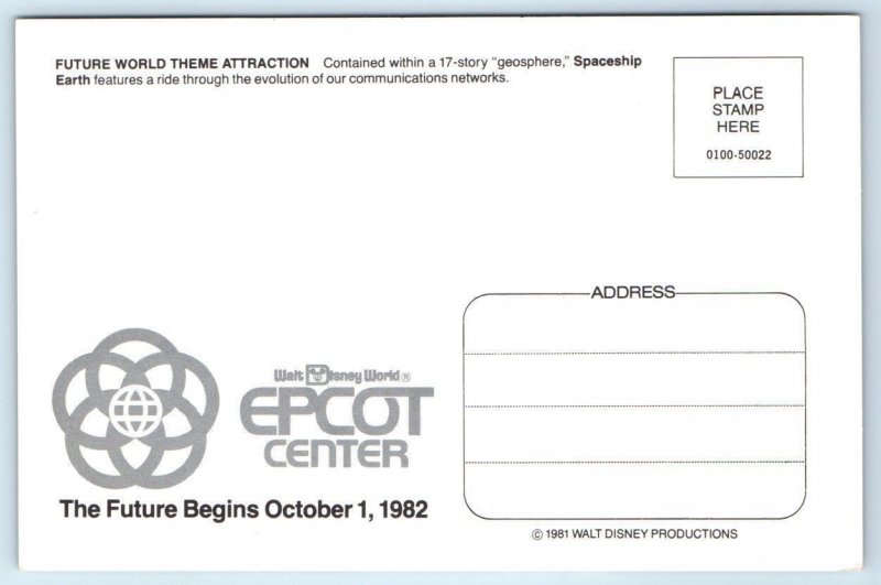 EPCOT CENTER, FL~ Pre Opening FUTURE WORLD Spaceship Earth 1981 ~ 4x6 Postcard