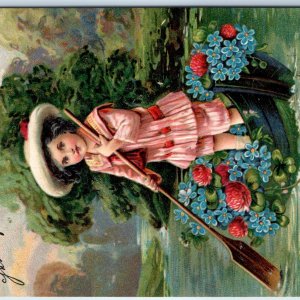 c1911 Beautiful Colorful Embossed German Girl Flower Boat Row Birthday PC A192