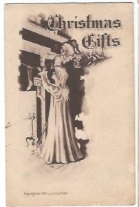 Artist Signed E.B Scofield Vintage Postcard Christmas Gifts Santa Watching Girl