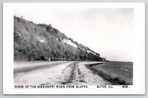 Alton IL The Mississippi River From Bluffs Hopper Cars Automobiles Postcard A42