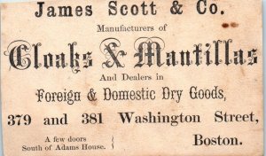 1880s James Scott & Co Cloaks Dry Goods Washington St Boston MA Business Card Ad