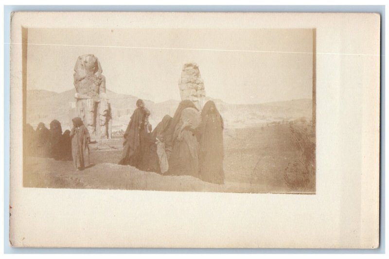 Egypt Postcard Two Big Statues and Crowd Scene c1910 Antique Unposted