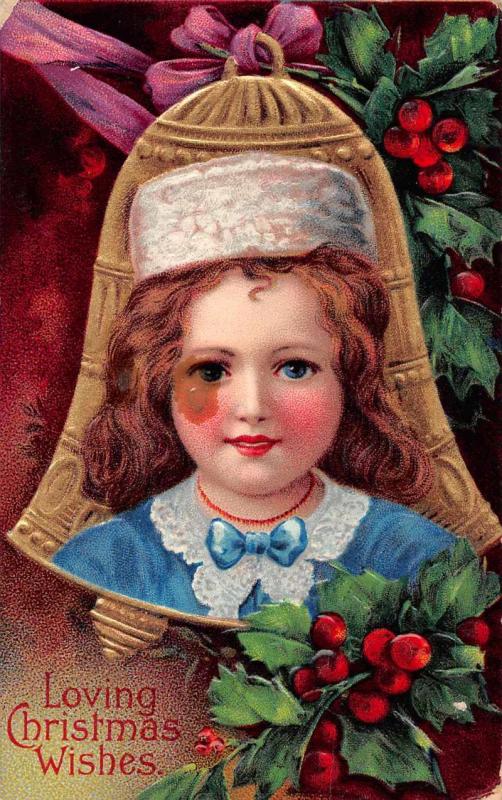 Christmas Greetings Girl in Blue Antique Postcard J75582