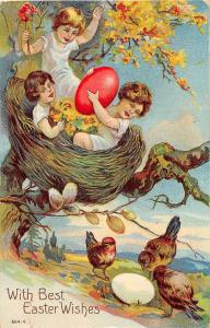 D95/ Easter Postcard Holiday Greetings 1909 Fantasy Girls Bird Nest Eggs 5