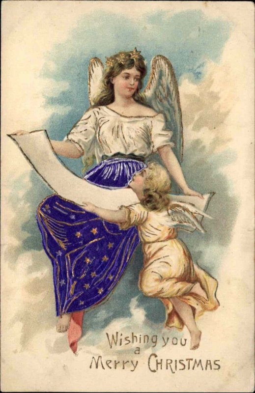 Christmas Young Girl Angels Gilt Inlay Embossed c1910 Vintage Postcard