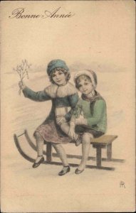 Bonne Annee Birthday Cute Kids Children on Old Sled c1910 Vintage Postcard