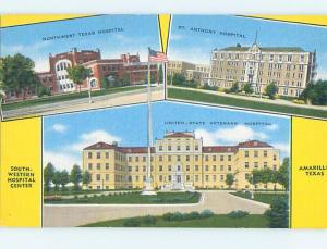 Linen THREE SCENES ON ONE POSTCARD - HOSPITAL BUILDINGS Amarillo Texas TX J9603