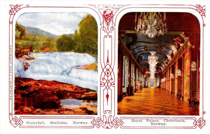 STEREOVIEW postcard  Norway, Stalheim Waterfall, Christiania Royal Palace