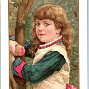 c1890s Lovely Girl Apple New Year Trade Card Hildesheimer Faulkner #387 Cute C35