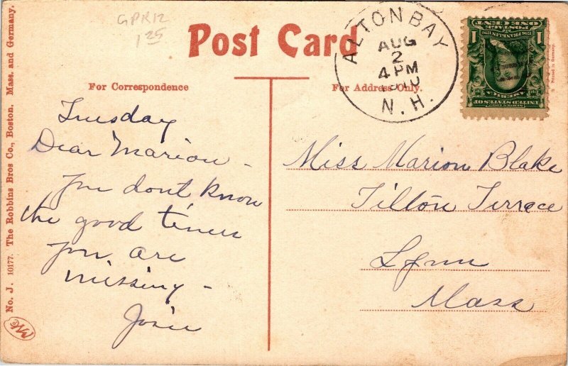 Postcard NH Alton Bay Tourists Waiting for Boat at Landing Canoes 1910 S89