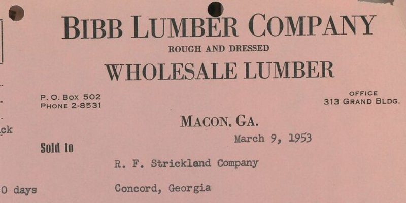 1953 Bibb Lumber Company Macon GA Rough and Dressed Wholesale Lumber Invoice 303 