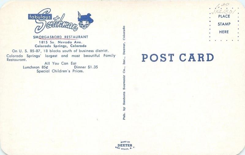Colorado Springs~Nice Scotchman Restaurant Sign~85¢ Luncheon~1950s Cars~Postcard