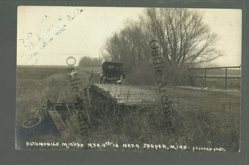 Jasper MINNESOTA RPPC 1913 CAR ACCIDENT Over Bridge nr Pipestone Luverne Ihlen