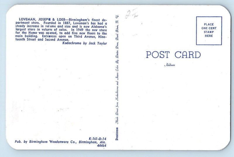 Birmingham Alabama AL Postcard Loveman Joseph And Loeb Department Store c1960s