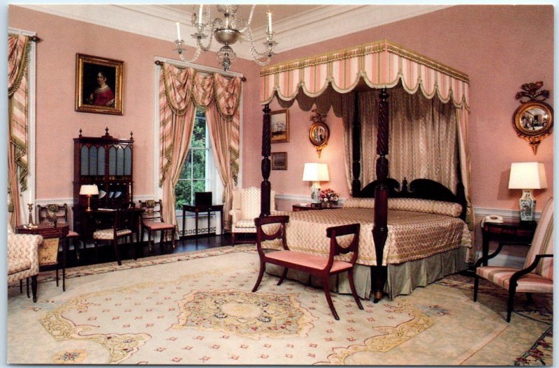 Rose walls and striped silks in the Queen's Bedroom, The White House - D. C.