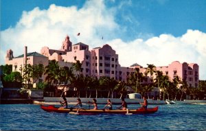 Hawaii Outrigger Canoeing At Waikiki Beach Royal Hawaiian Hotel In Background