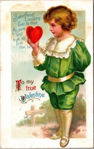 Valentine Postcard Little Boy Dressed in Green Holding a Heart