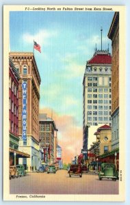 FRESNO, CA ~ Fulton Street Scene THE FAMOUS Department Store 1930s Postcard