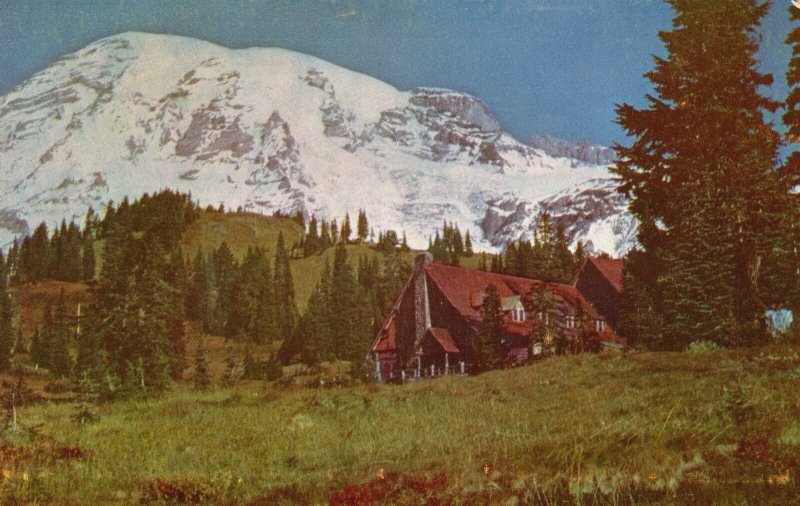 Vintage Postcard 1930's Paradise Inn And Mount Rainer National Park Washington