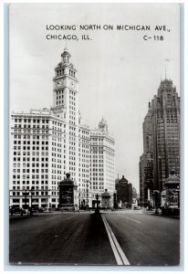 Chicago IL, Looking North Michigan Avenue Cars Tower Clock RPPC Photo Postcard 