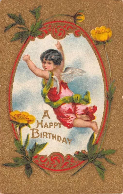 Happy Birthday Cherub Cupid Angel Baby Rose Antique Postcard K36803