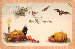 Guid Luck This Hallowe'en Bats, Black Cat, & Jack-o-Lantern, Candle, Winsch PC U